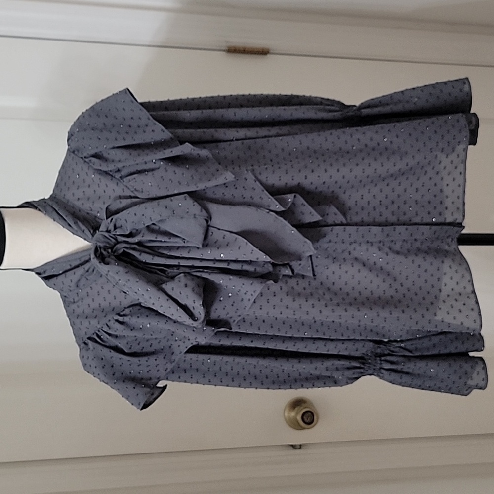 Topshop Size 8 Dark / Gunmetal Gray Idle Tie Ruffle Blouse w/Metallic Swiss Dots